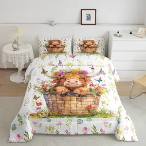 Feelyou Highland Cow Bedroom Bedding Sets - Twin/Full Sizes, Cattle Comforter, Floral Duvet, Farm Animal Themed Home Decor Quilt