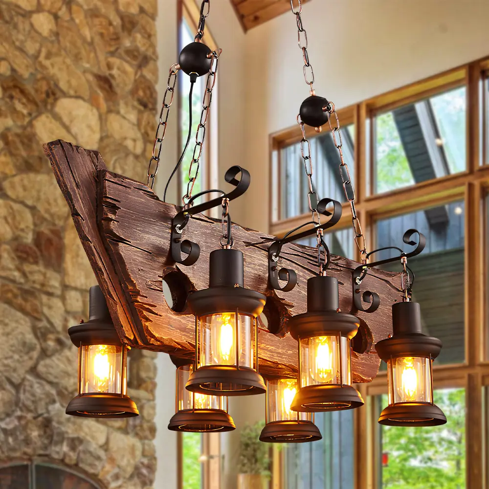Retro Wooden 6-Head Boat-Shaped Chandelier - Adjustable Length/Wall Control