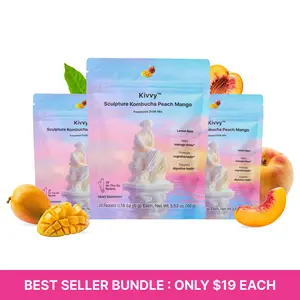 Kivvy Korean Debloat Kombucha Drink 3-Pack (60 Servings) Peach Mango Flavor with Lemon Balm & Lion's Mane for Gut Cleanse & Digestion Zero-Calorie Edible Natural