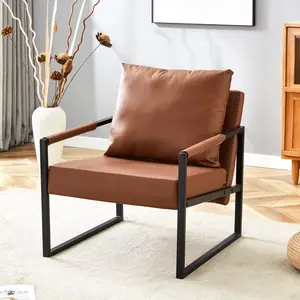 Leather Accent Chair for Living Room, Mid Century Sitting Chair, Modern PU Leather Chair with Arms, Black Powder Coated Metal Frame