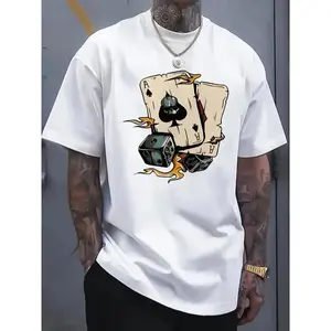 Men'S Cotton T-Shirt, Casual Crew Neck, Short Sleeve, Regular Fit, with Poker and Dice Print, for All-Season Knit Fabric Top