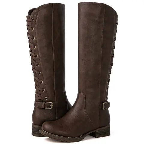 GLOBALWIN Women's Knee High Motorcycle Boots - 1.5 inches Subtle Heel, Strappy, Round Toe, Side Zipper Closure, Zip + Lace, Lace-Back Detail Fall Winter Street Wear Footwear