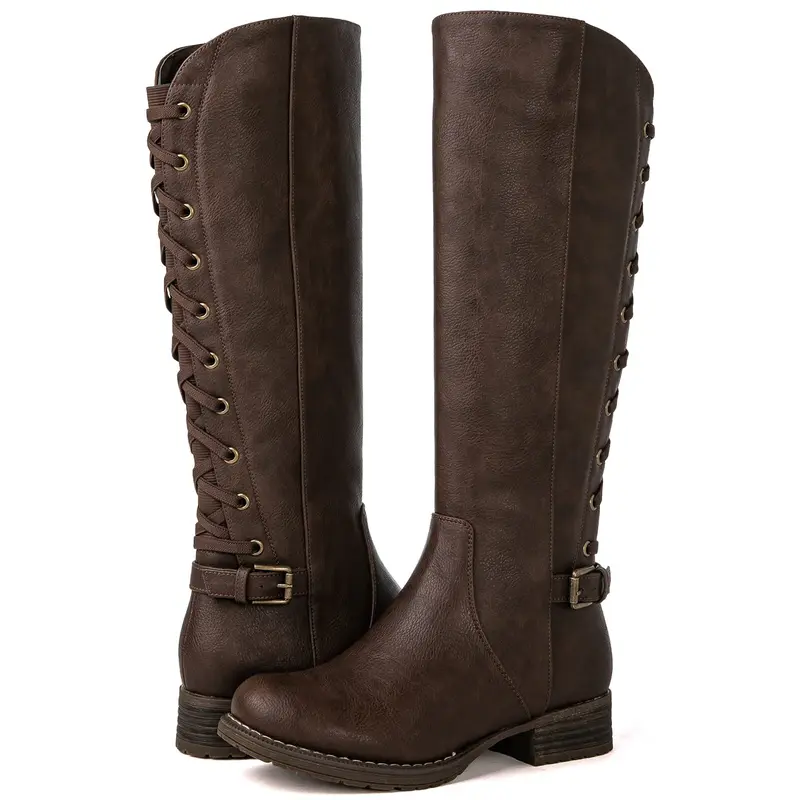 GLOBALWIN Women's Knee High Biker Rider Style Boots - 1.5in Subtle Heel, Strappy, Round Toe, Side Zipper, Zip-Lace, Lace-Back Detail, Fall Winter Street Wear Women's Shoes
