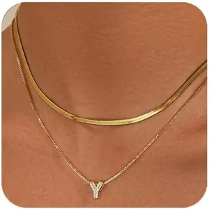 Bubble Letter Necace for Women – Gold Zircon Initial Necaces 14k Dainty Gold Plated Non-Tarnish Herringbone Layered Necaces Hypoallergenic Gift