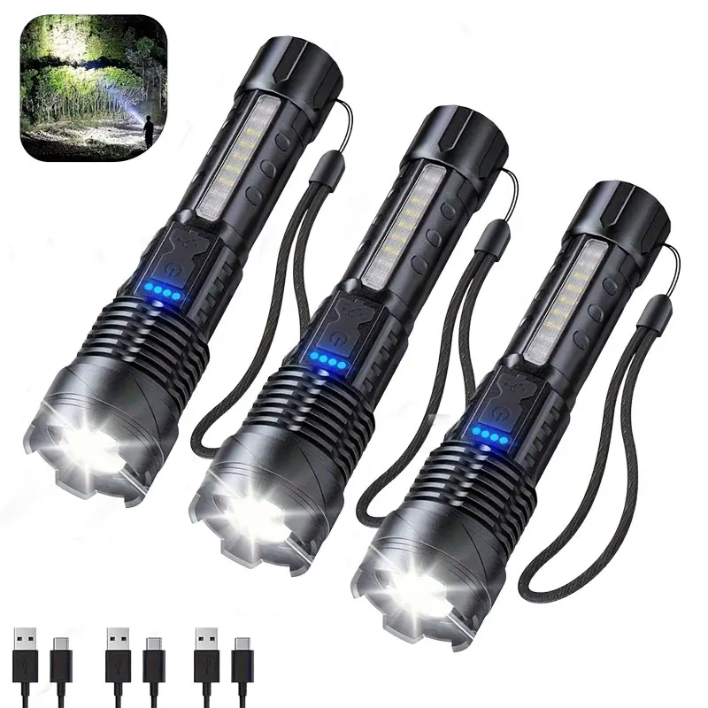 3-Pack USB Rechargeable Handheld LED ultra-bright Flashlights, XP50 High Power LED, 6 Modes, 150-350 Lumens, COB Side Lamp, Emergency Lighting for Outdoors, Hiking, Camping, 1200mAh, IP44