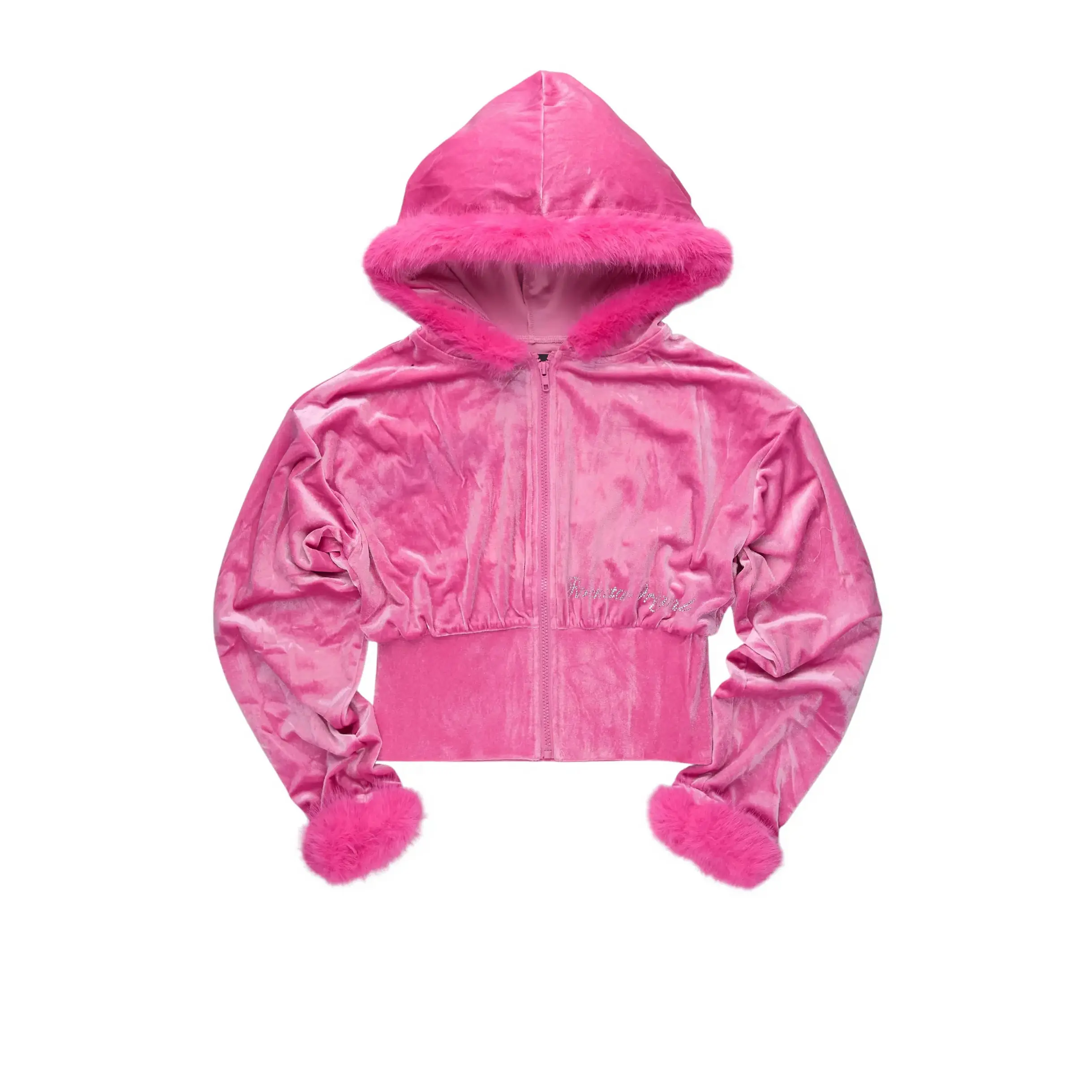Shanika Pink Velour Crop Hoodie With Fur Hood