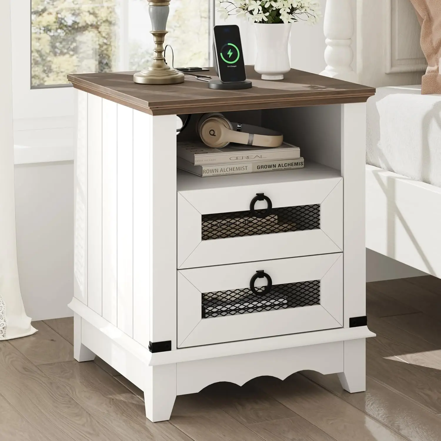 18-in Engineered Wood Farmhouse Side Table - Bedside Nightstand, Bedside Table Cabinet with Charging Station, 2 Drawers, 2 USB Ports, Open Cubby, Rustic Look, Wave Trim for Bedroom, Living Room (White), Wood Side Table