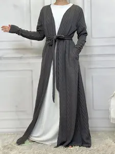 Women's Solid Textured Woven Belted Fitted Lounge Robe, Casual Long Sleeve Pocket Dressing Gown, Ladies Fall & Winter Sleepwear Loungewear