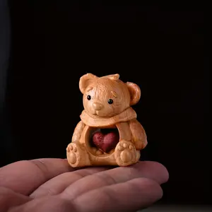 Hand-carved wooden heart-shaped bear figurine, featuring heart-shaped decorations, adorable animal sculpture, a collectible item for art enthusiasts, an ideal gift for couples and collectors, Collectible Figurines, Decorative Figurines