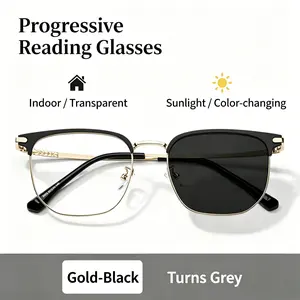 High-Definition Eye Protection Reading Glasses Progressive Gold-Black Frame with Blue Light Filter Silicone Nose Pads Ergonomic Design Smart Photochromic UV Protection Two-in-One Glasses