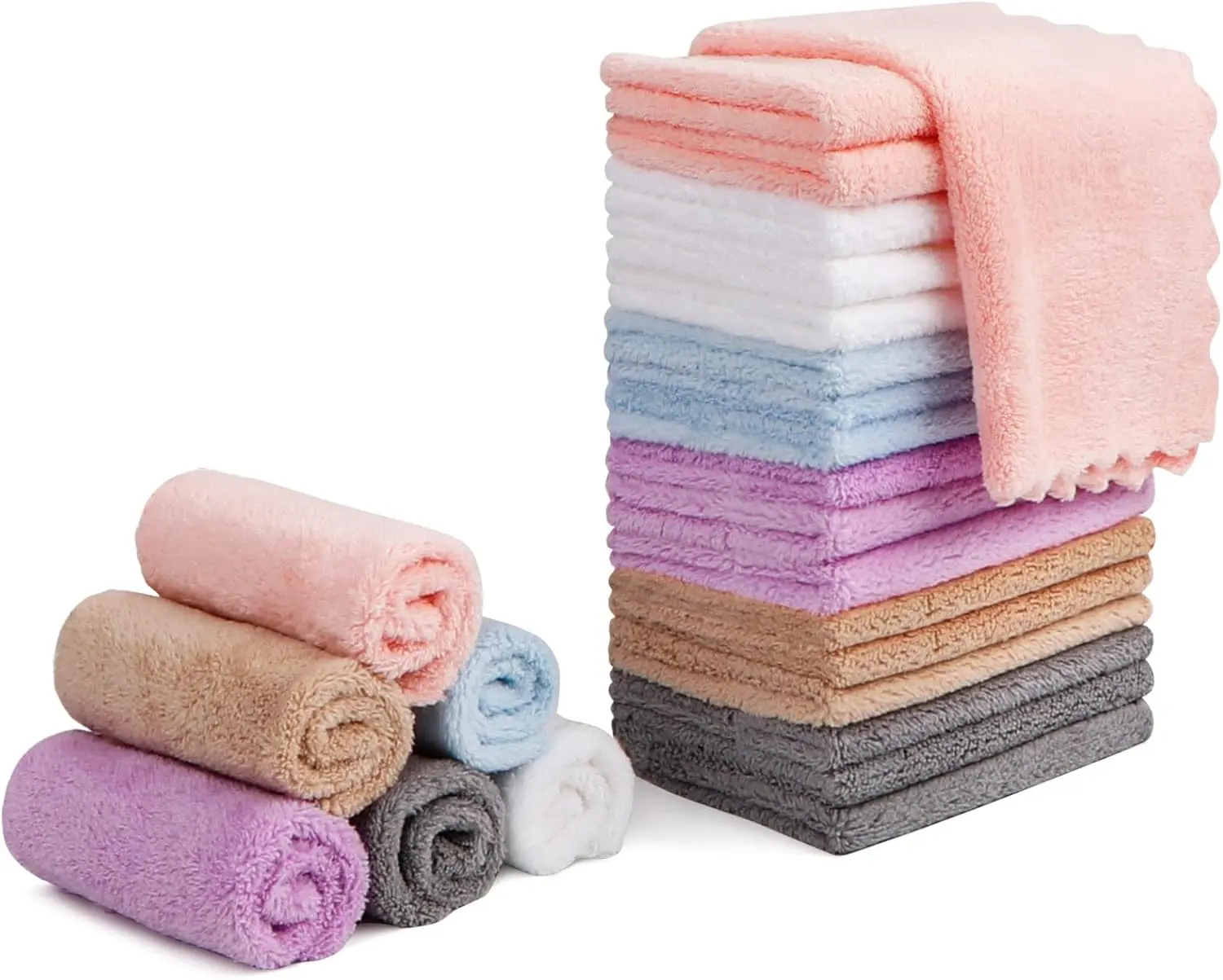 Makeup Remover Cloths, Cleansing, Reusable, Soft & Washable Coral Fleece Microfiber Washcloths/Towel for Face, Eye, Lips, Pack of 24, 7 x 7 inch