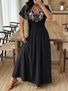 Plus Size Women's Short Sleeve Dress, V Neck Bow Tie High Waist Boho Bohemian Embroidered Floral Casual Boho Elegant Wear Design, Spring Summer Vacation Wear