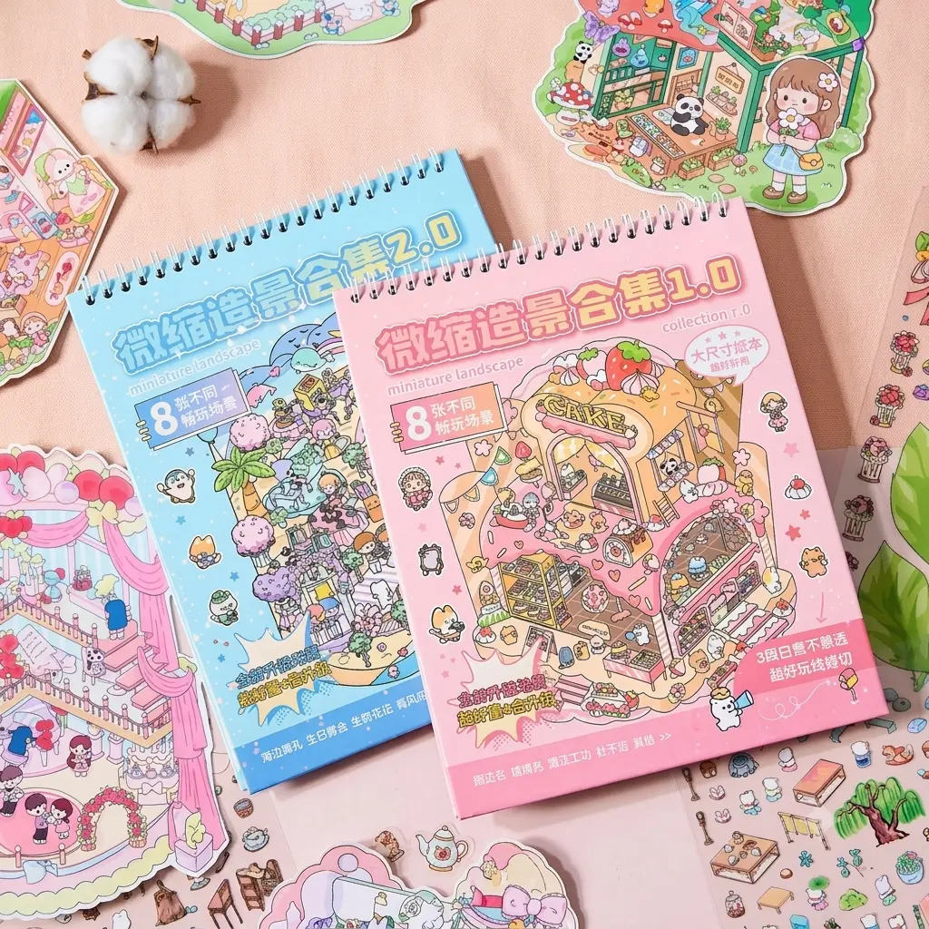 Summer Spring Gift 2 Pack Rainbow Island Large Size 3D Stacking Hut Handbook Sticker Book 20 Sheets Per Pack Miniature Landscaping Decorative Stickers Scene Therapy Sticker for Relief Stress Pass The Time