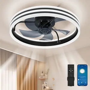 Ceiling Fans with Lights and Remote, 20" Modern Dimmable LED Black Ceiling Fan, 6 Wind Speeds  Low Profile Flush Mount Ceiling Fans for Bedroom
