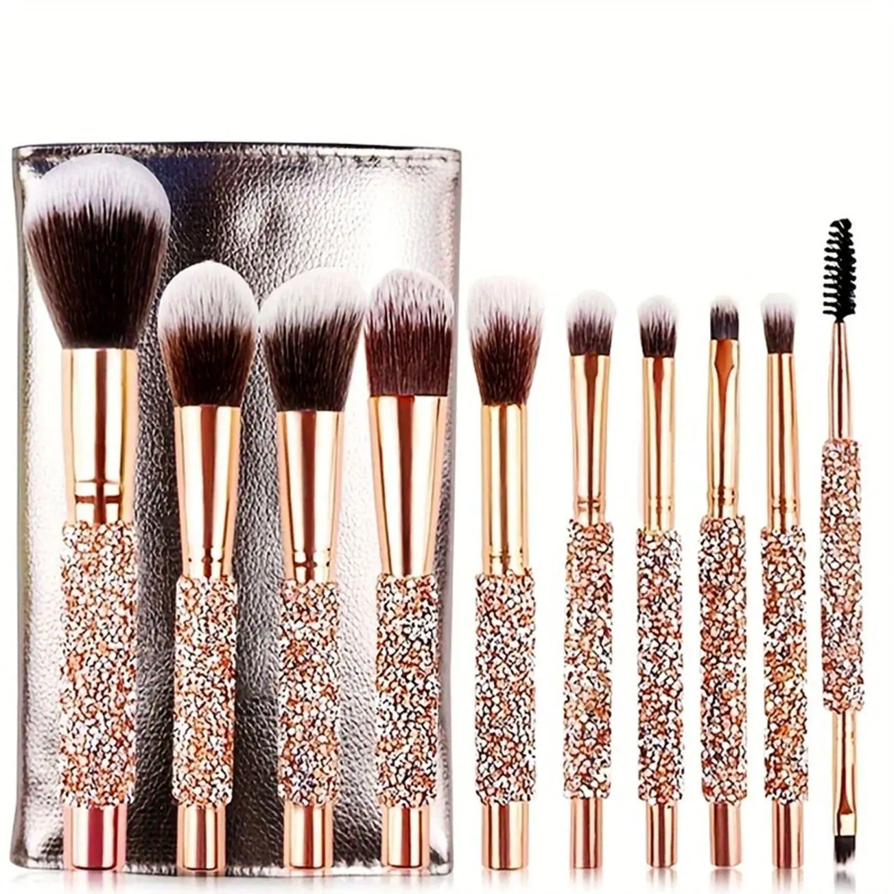 Professional Makeup Brush Set Rhinestone Handle Synthetic Fiber 10 Piece Kit For Foundation Eyeshadow And Powder Application