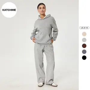 KatchMe Women's Casual Solid Color Long Sleeve Hoodie & Drawstring Waist Wide Leg Trousers Co-ord, Spring & Fall Two Piece Outfits, Cozy Womenswear