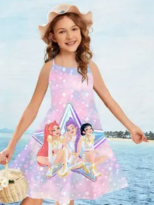 Idol Girl Group K-Pop Backless Dress, Star Q-Version 3D Printed Casual Summer Fashion, Comfortable Soft Daily Wear, Sparkly Dress