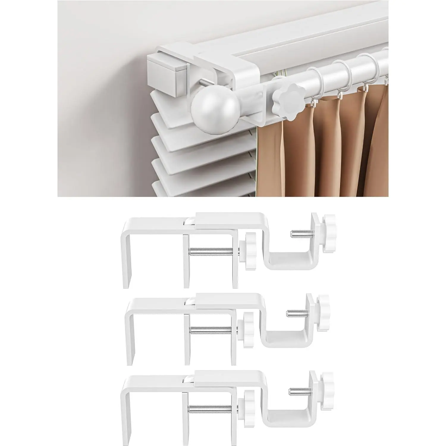 Over-Blinds Rod Brackets for Outside-Mounted Blinds, Blinds Rod Brackets for 1.3–2" Rectangular Headrails, Tool-Free No-Installation for Apartments, Rentals Set of 3 (White)