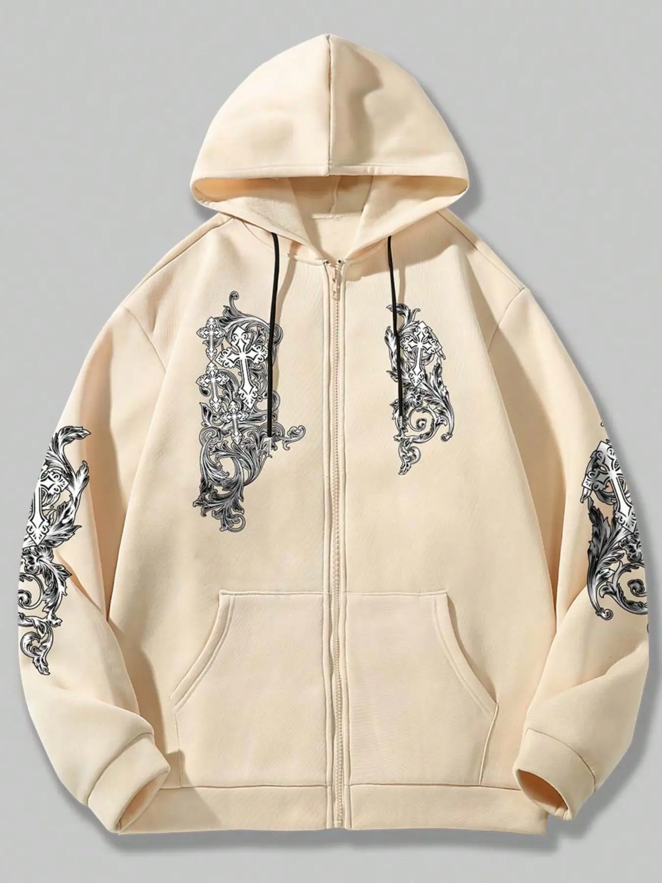 Men's Cross Print Graphic Thermal Lined Knit Zip Up Hoodie, Regular Fit Fashion Casual Drawstring Pocket Hooded Sweatshirt for Daily Holiday Outdoor Wear, Men Clothes for Fall & Winter, Long Sleeve, Tops