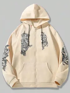 Men's Cross  Print Graphic Thermal Lined Zip Up Hoodie, Regular Fit Fashion Casual Drawstring Pocket Hooded Sweatshirt for Daily Holiday Outdoor Wear, Men Clothes for Fall & Winter