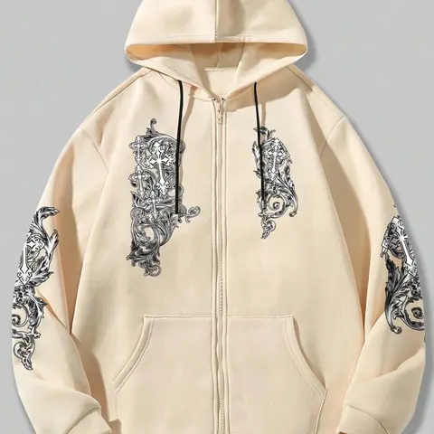 Men's Cross Print Graphic Thermal Lined Knit Zip Up Hoodie, Regular Fit Fashion Casual Drawstring Pocket Hooded Sweatshirt for Daily Holiday Outdoor Wear, Men Clothes for Fall & Winter, Long Sleeve Graphic Hoodies