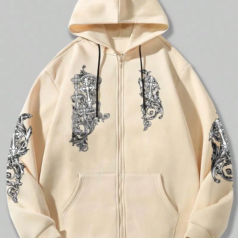 Men's Cross Print Graphic Thermal Lined Knit Zip Up Hoodie, Regular Fit Fashion Casual Drawstring Pocket Hooded Sweatshirt for Daily Holiday Outdoor Wear, Men Clothes for Fall & Winter, Long Sleeve Graphic Hoodies