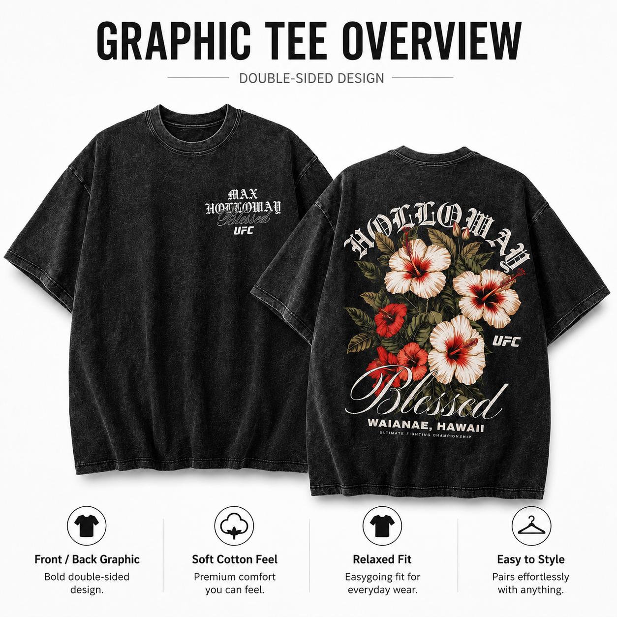 Men's Max Holloway Blessed Double-Sided Graphic Casual Short-Sleeve T-Shirt, UFC Hawaiian Floral MMA Fan Vintage Washed Menswear Top