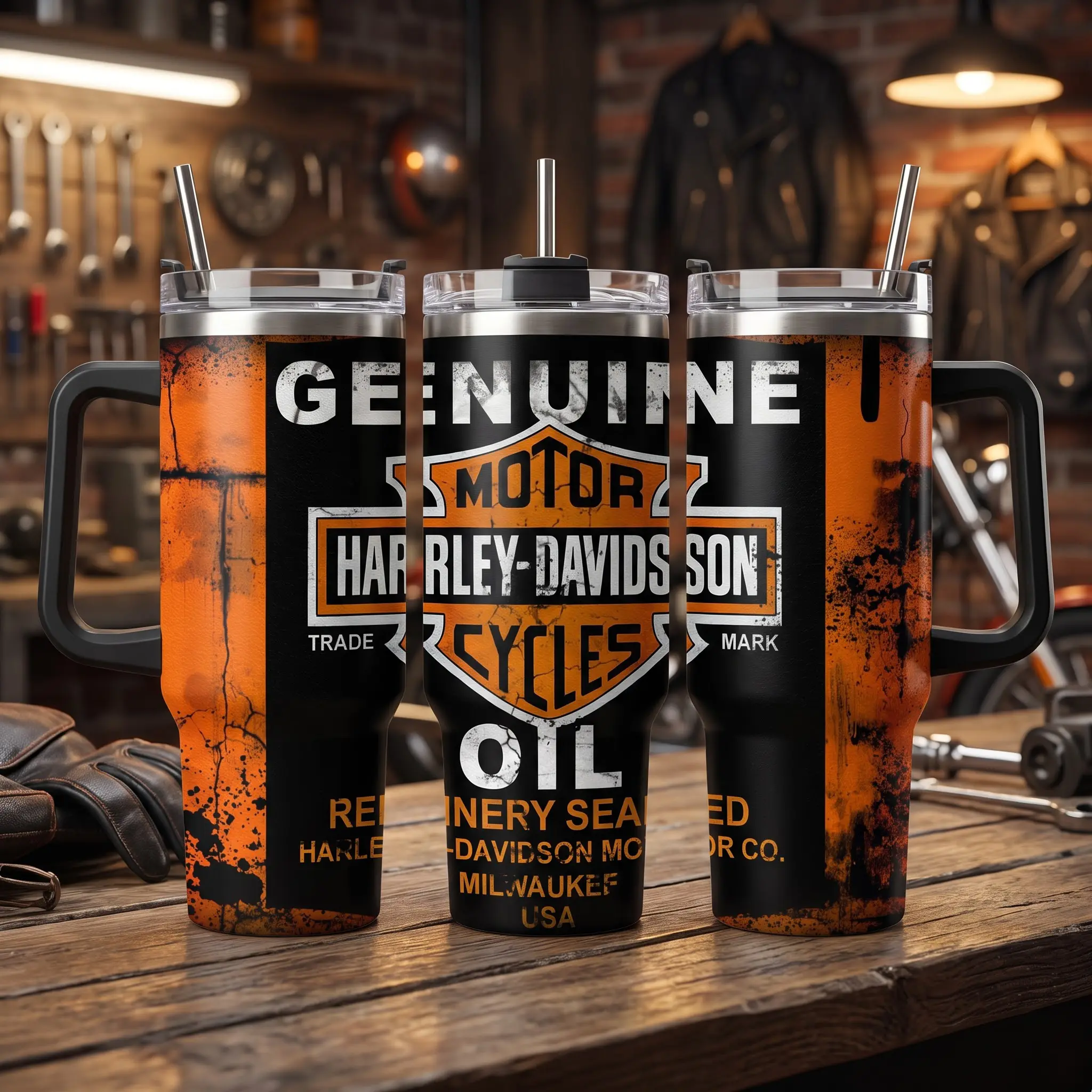 Genuine HOG Motor Oil 40oz Insulated Tumbler With Handle Straw, Refinery Sealed Milwaukee USA Cup, Orange Black Distressed Vintage Biker Graphic,Stainless Steel Travel Mug, Motorcycle Rider Drinkware, Cool Biker Gifts For Men, Dad Husband Gift Idea
