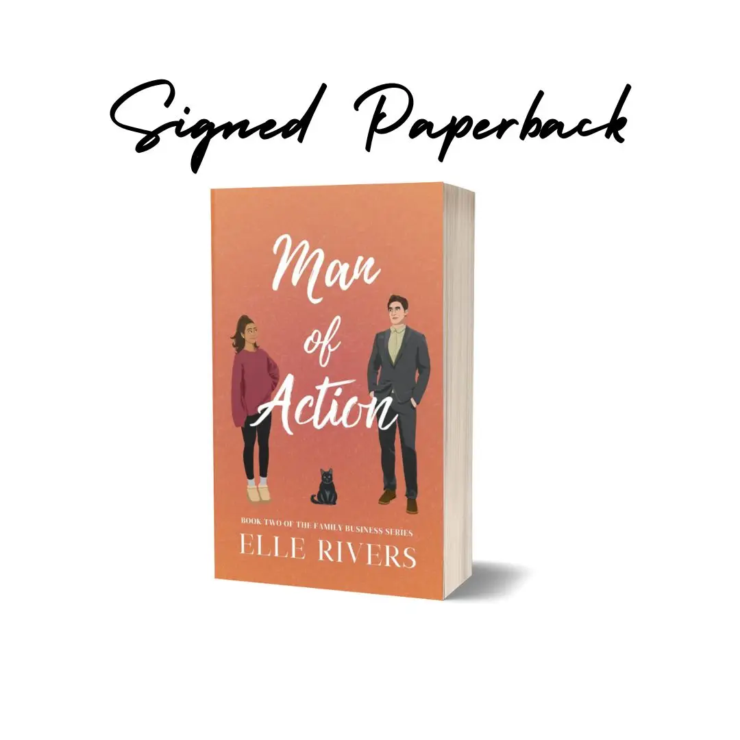 Man of Action by Elle Rivers, softcover romance book with the groveling and second chance romance tropes. Includes a reader's guide and matching bookm