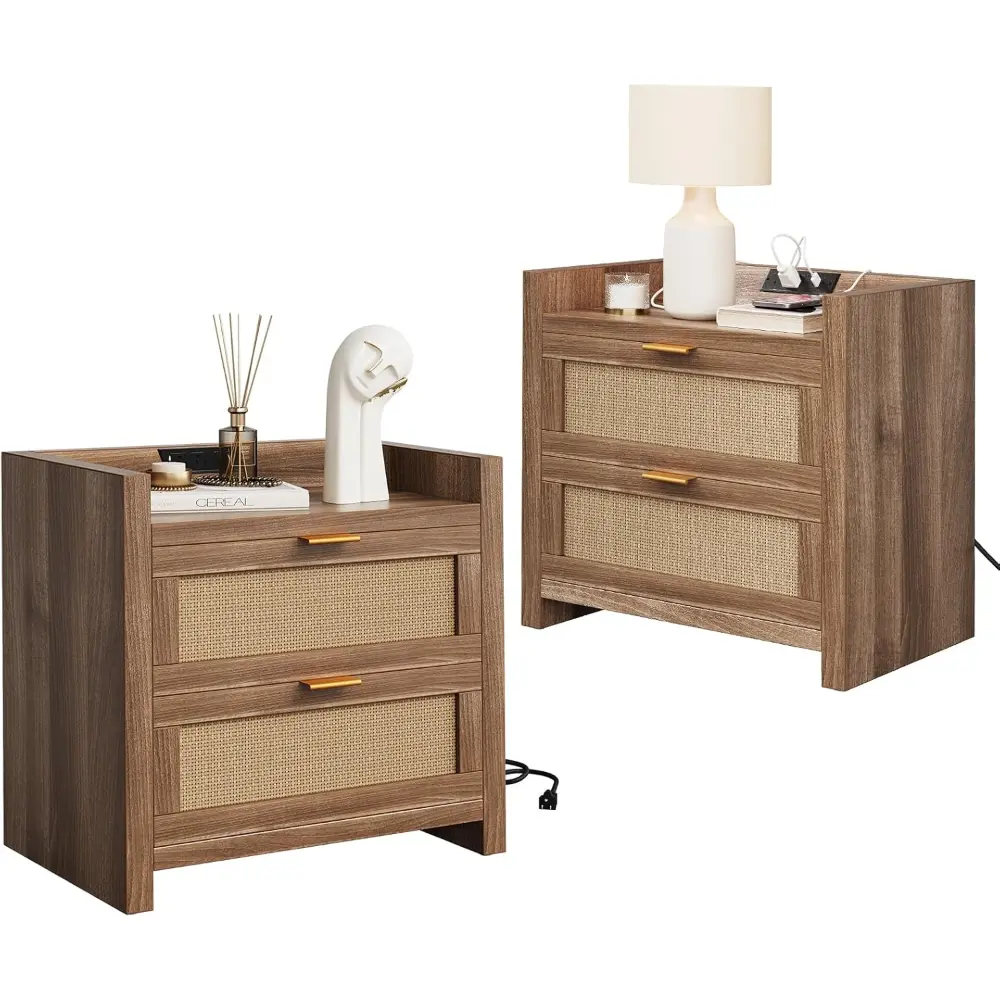 Boho Walnut 2-Piece Rattan Nightstand Set with Charging Station, 2-Drawer Indoor Side Tables for Bedroom, Living Room