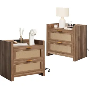 Night Stand Set of 2, Rattan Nightstands with Charging Station, Boho Bed Side Tables with 2 Drawers, Modern Night Stand for Bedroom, Study, Living Room, Walnut