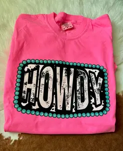 Comfort Colors Pink Howdy Graphic Tee with Turquoise Border, Country Vibe T-shirt, Gift for Her