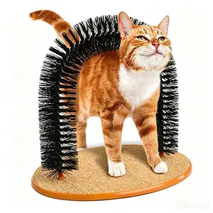 Indoor Cat Self Grooming Arch Brush with Hanging White Mouse Teaser Toy, Comfortable Plush Fabric Base Cat Scratching Toy, Self Rub Hair Removal & Hunting Play Toy for Short Long Hair Kitten Kitty Cats, Must-Have Household Pet Cat Stuff