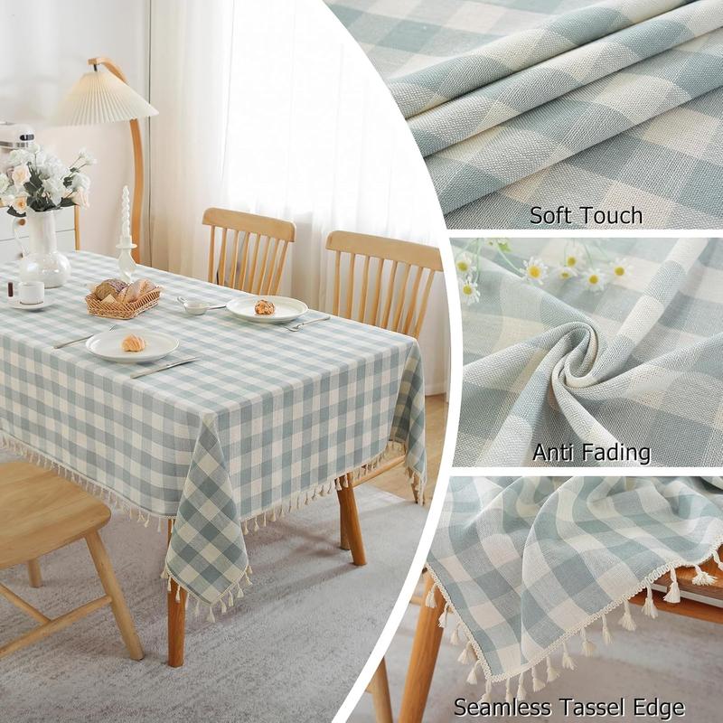 Checkered Tablecloth Rectangle Cotton Linen Fabric Gingham Table Cloth Buffalo Plaid Table Cover with Tassel Wrinkle Free Washable for Kitchen Dining Picnic, Blue and White, 55X55''