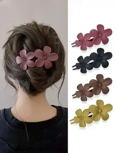 Matte Flower Hair Clips, 4-Piece Set, French Barrettes & Non-Slip Claw Clips, Elegant Hair Accessories for Women & Girls, Super Cute Clips
