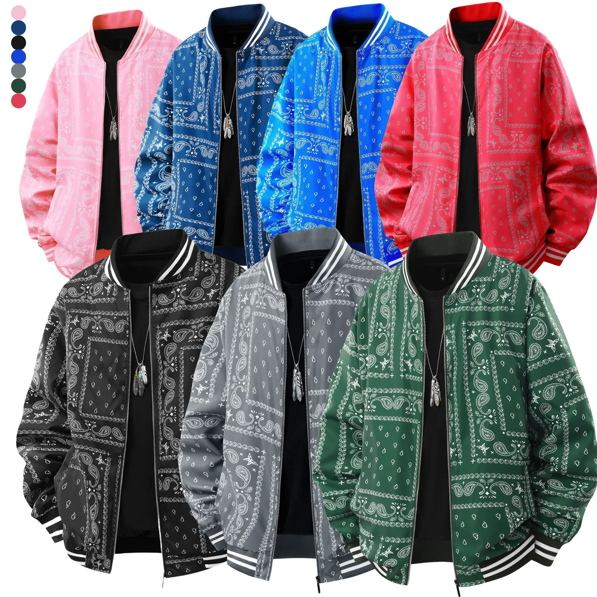 Men’s loose vintage baseball jacket with street American nut print, stand collar, and zipper