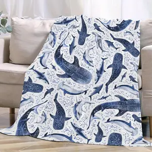 Cozy Ocean Shark Flannel Throw Blanket – Soft, Warm, and Lightweight for Bed, Sofa, or Couch – Blue and White Whale Print, 280g/sq.m, Machine Washable, Perfect for Home Decor or Gift, Blanket for BedFlannel blanket