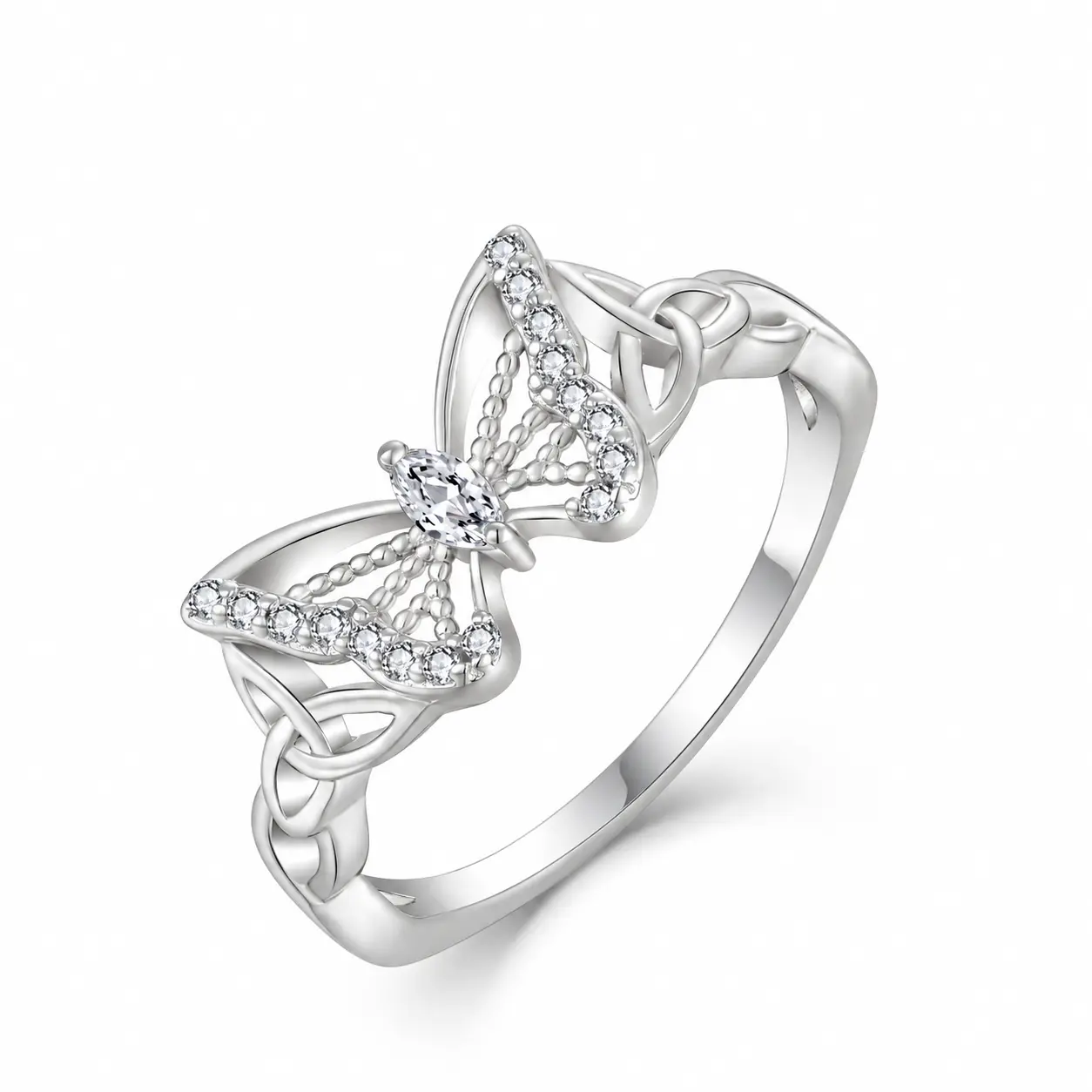 S925 Sterling Silver Butterfly Ring with 5A Cubic Zirconia Accent, Celtic Knot Design, Daily Wear Jewelry for Women