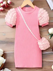 Girl's Puff Sleeve Dress with Crossbody Bag, Elegant Solid Color Round Neck Dress for Party Holiday Wedding Guest, Kids Summer Clothes