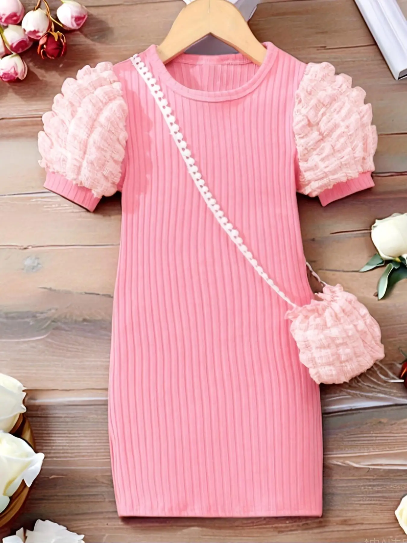 Girl's Puff Sleeve Dress with Crossbody Bag, Elegant Solid Color Round Neck Dress for Party Holiday Wedding Guest, Kids Summer Clothes