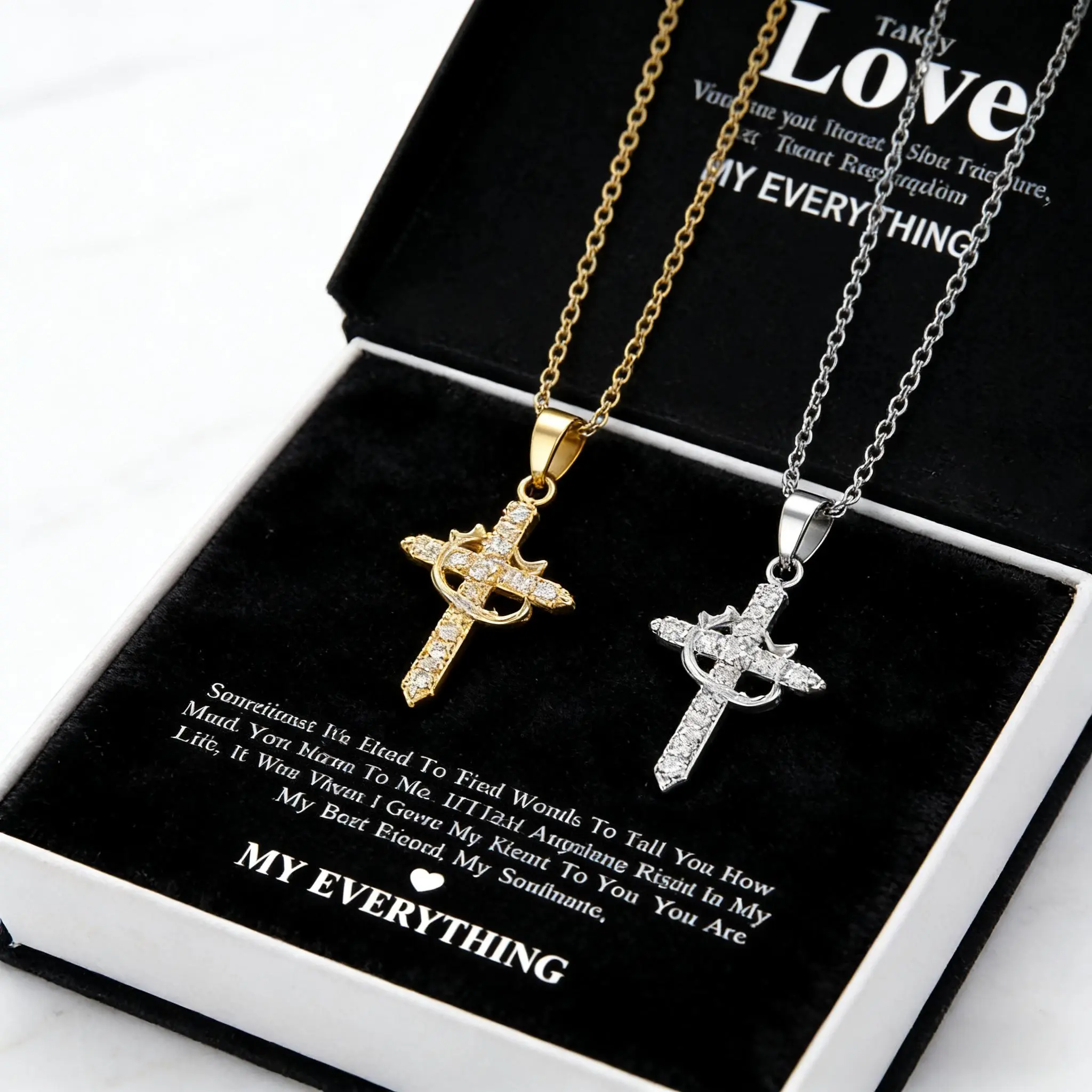 Matching Couple Heart Cross Pendant Necklace Set, 18K Gold/Silver Tone Plated Cubic Zirconia Necklace, Hypoallergenic Cable Chain, Romantic Love Jewelry for Boyfriend Girlfriend, Valentine's Day Anniversary Christmas Gift