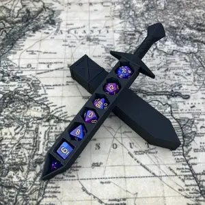 Sword Design Dice Holder, 1 Set Desktop Game Dice Storage Box with DND Dice, Home Decor Ornament, Game Room Decor, Gift for Friends, Durable, Metal Dice Set, Polyhedral Dice Set, Durable