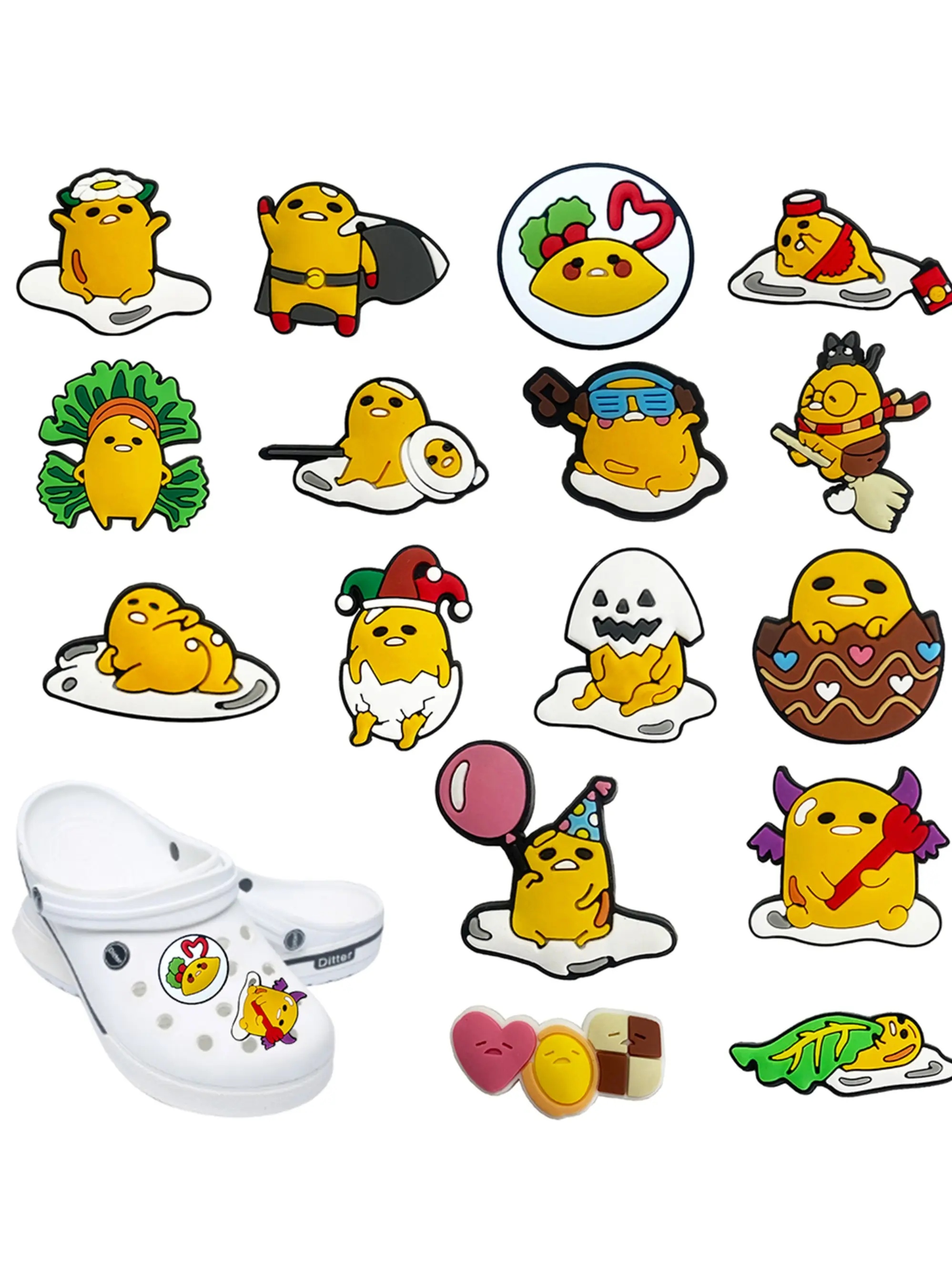 16pcs Cartoon Gudetama Series Shoe Accessories Set, Decorative Shoe Accessories, Shoe Charms Set, Footwear Cute DIY Shoe Decorations, Unique Gift Idea, Personalized Fashion Accessory, Shoe Embellishment Set