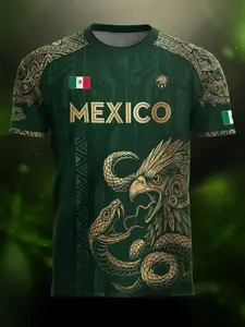 Mexico Aztec Eagle Heritage Soccer Jersey, Sporty Style Long Fitted Shirt, All Seasons Ethnic Pattern Design, Football Jersey