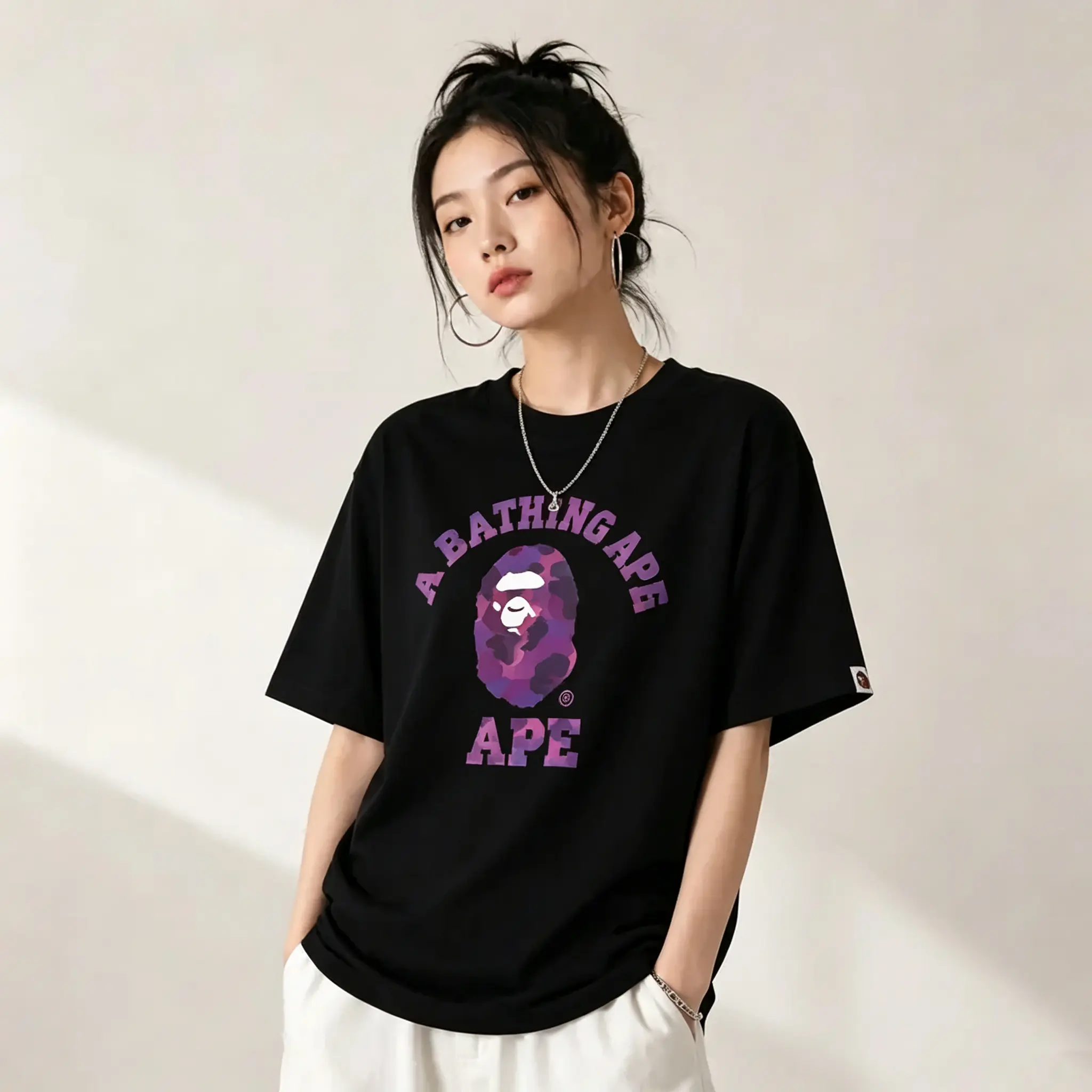 BAPE Purple Camo Short Sleeve Tee White/Black Short Sleeve Crew Neck Casual Summer T-Shirt with Iconic Ape Head Design and Plaid Pattern