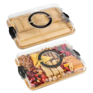 1 piece bamboo tray with transparent lid, divided cheese charcuterie board with handle and locking cover, 5 compartments. Portable snack plate, perfect for party, picnic, camping and gift giving.