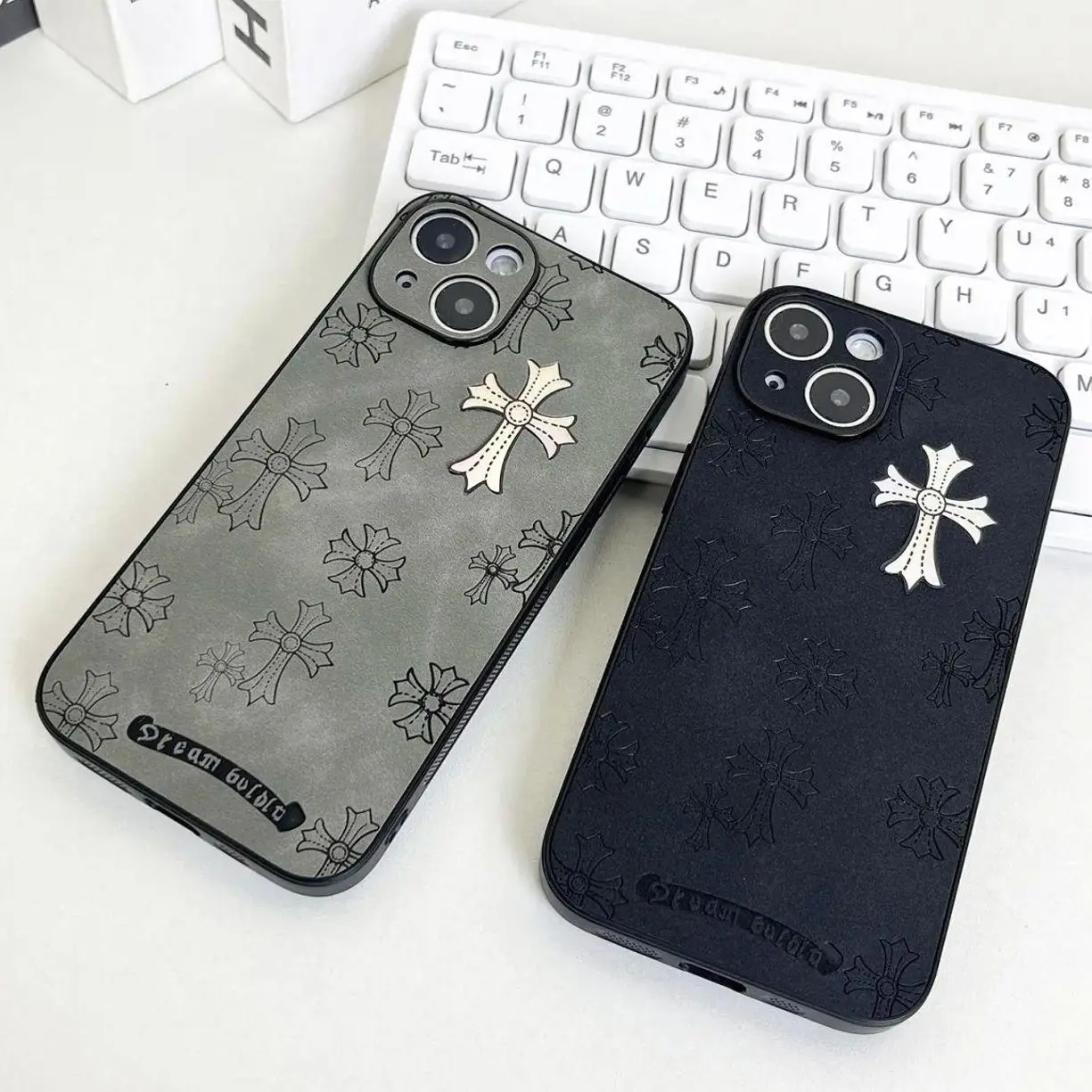 Cross Logo Leather Smartphone Casing - Compatible with iPhone 17/16/15/14/13 Pro Max, iPhone 16/15 Plus - Luxury Plain Ultra-Thin Business Handheld Wireless Devices Cover (2024, 6.1in, Black)