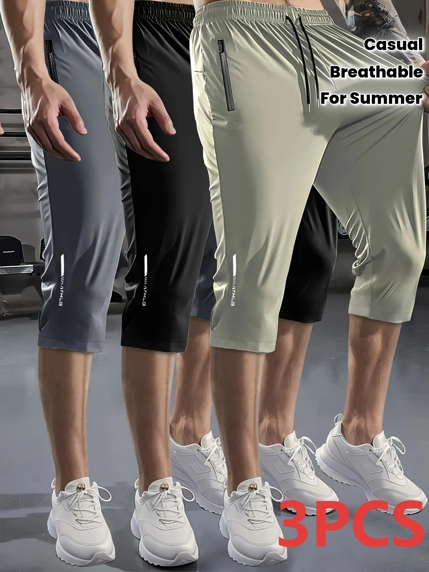 Men’s 3-Pack High-Stretch Ice Silk Shorts with Drawstring and Pockets, Breathable Nylon Blend, Suitable for Summer Casual Sports, Fitness Training, Lightweight and Elastic Design