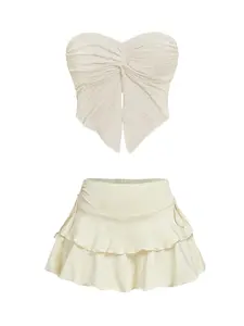 Women's Solid Color Fitted Tube Top & Skirt Two-piece Set, Elegant Fashion Casual Top & Skirt for Daily Outdoor Wear, Ladies Outfits for All Seasons