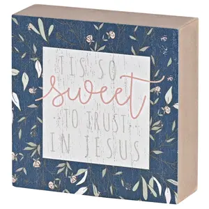 360 Stand Dicksons TPLK33-367 3x3 in MDF Wooden Floral Tabletop Plaque, Distressed Home Decor Sign with "It Is Sweet To Trust In" Message, Wood